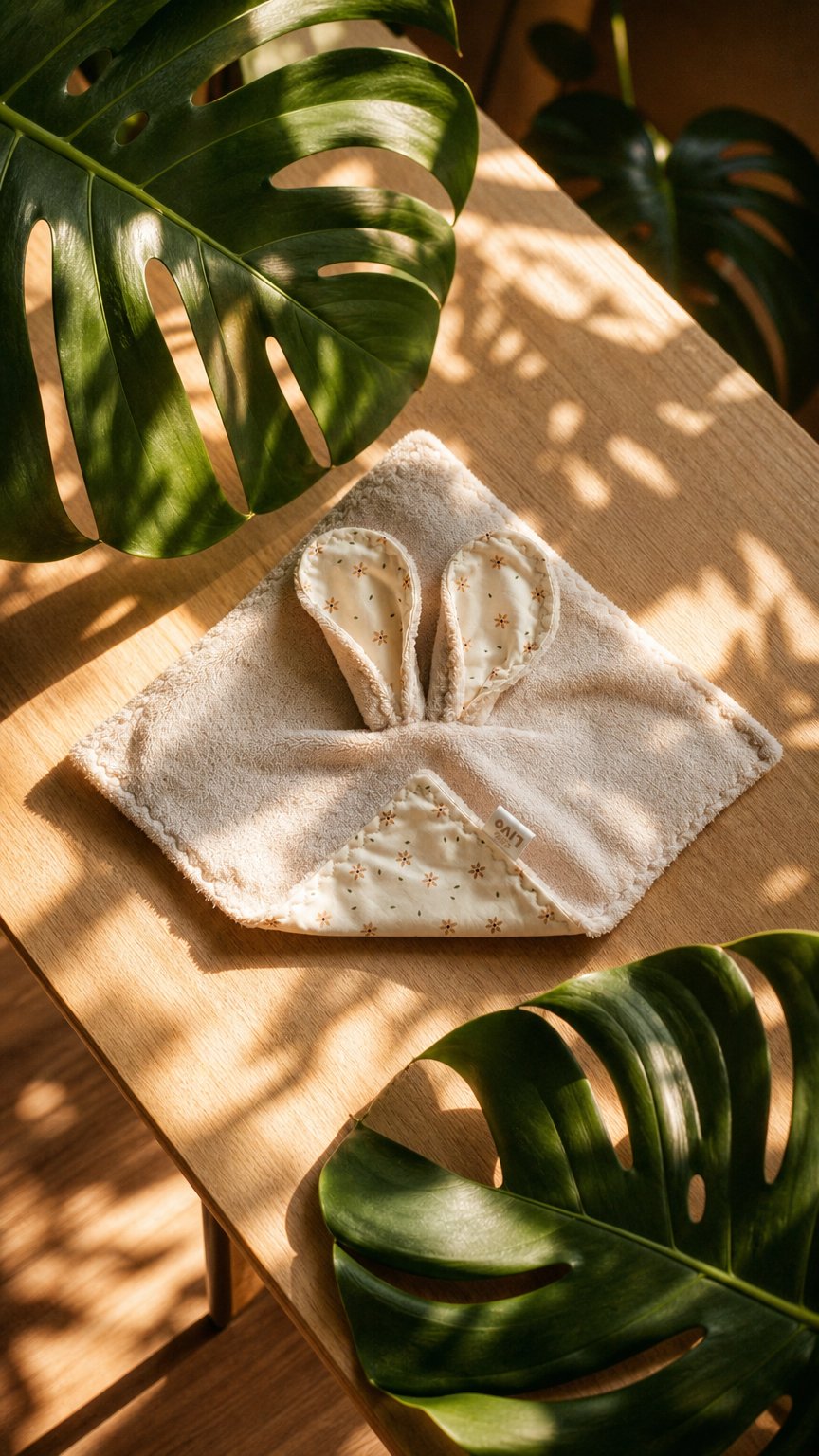 AI product shot of Handgemaakt knuffeldoekje met konijnoortjes