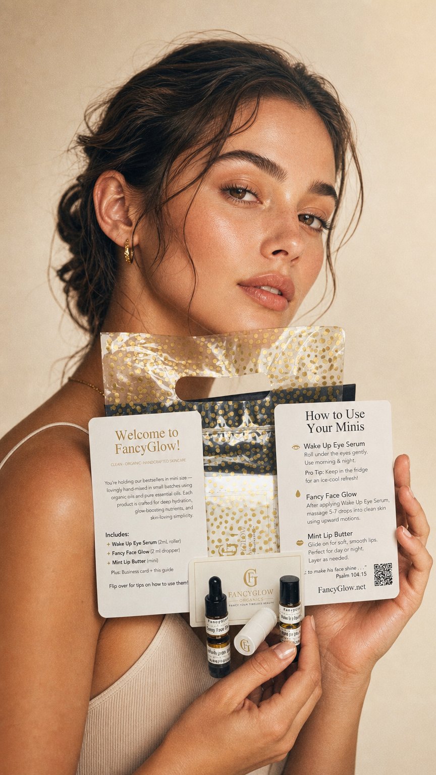 AI product shot of FancyGlow Sample Kit – Try Our Bestsellers + 20% Off