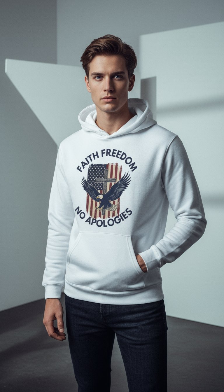 AI product shot of America First No Apologies Hoodie - Bold Patriotic Statement
