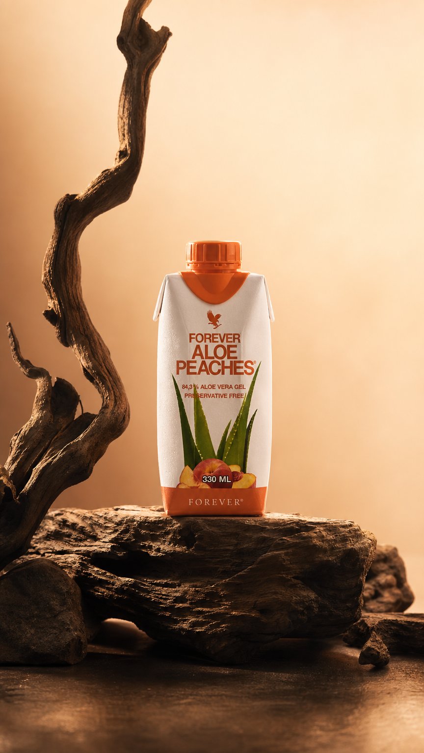 AI product shot of 330ml Forever Aloe Peaches™