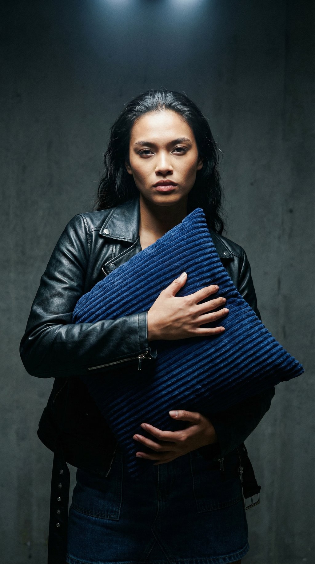 AI product shot of Marine Blå Stribet Velour
