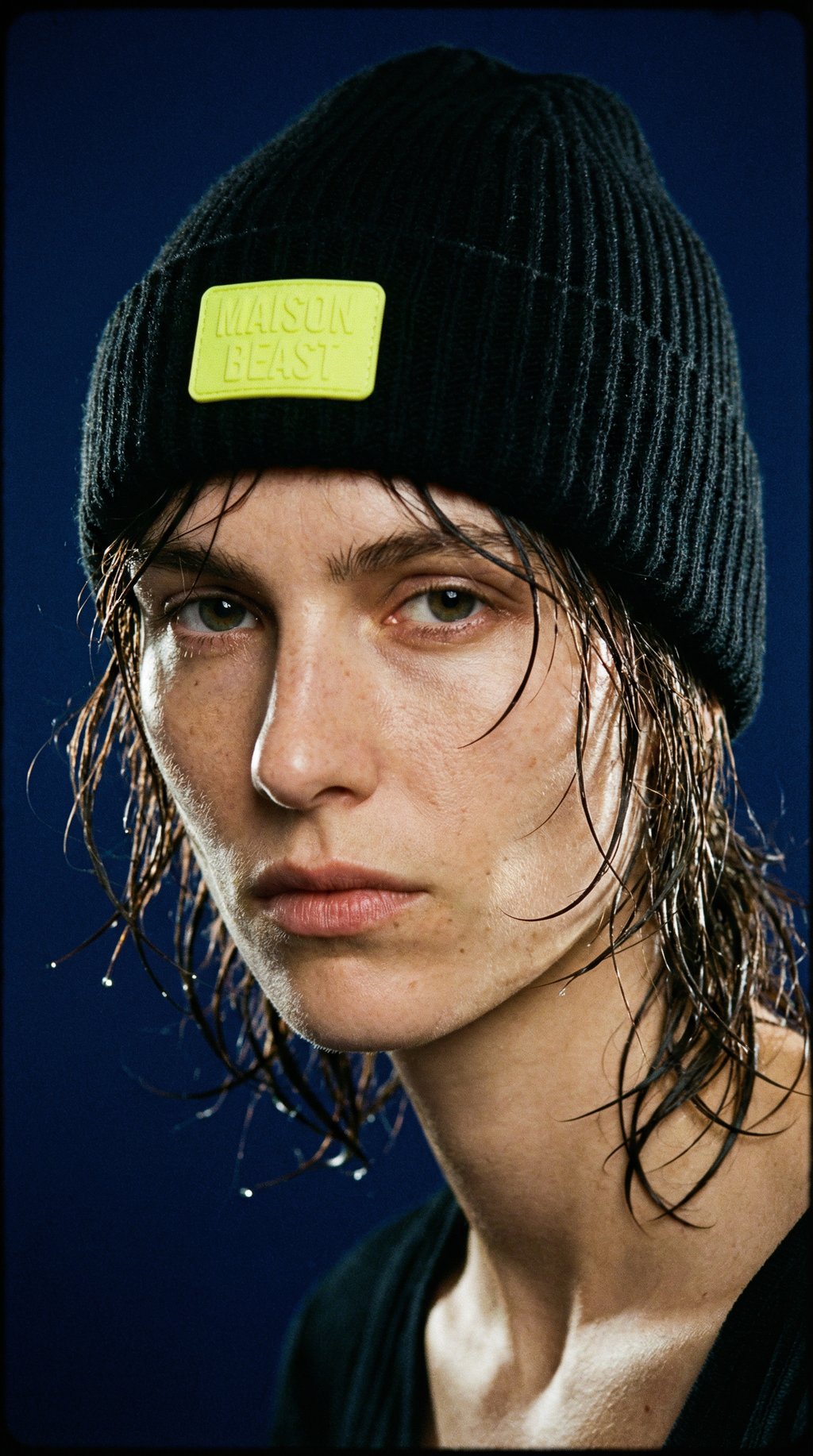 AI product shot of KNITTED MERINO BEANIE - MOONLESS NIGHT
