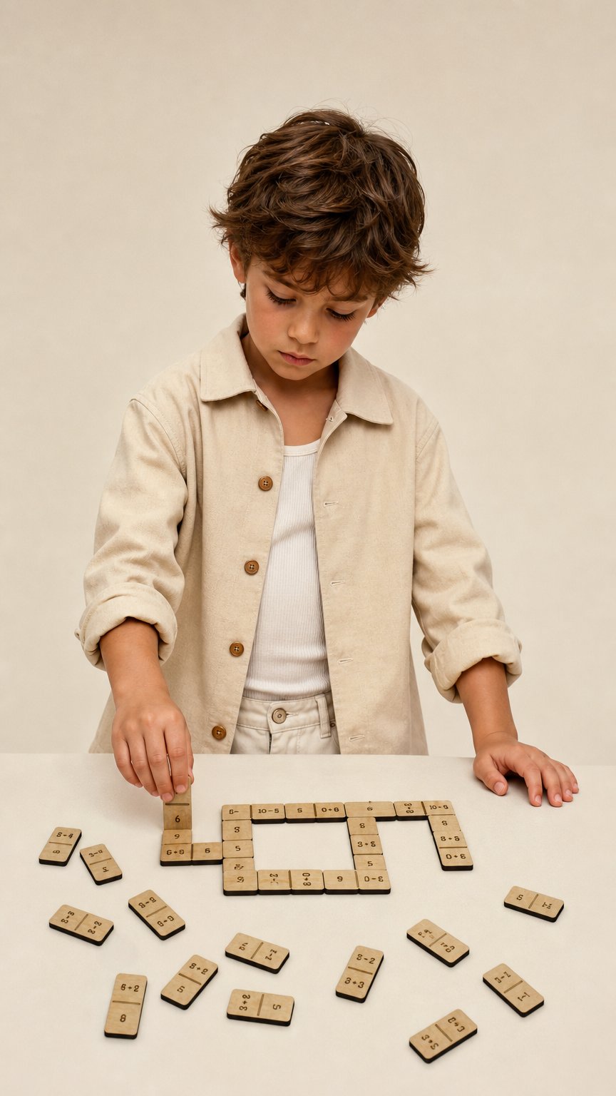 AI product shot of Addition & Subtraction Math Dominoes | Hands-On Wooden Math Learning Game for Kids