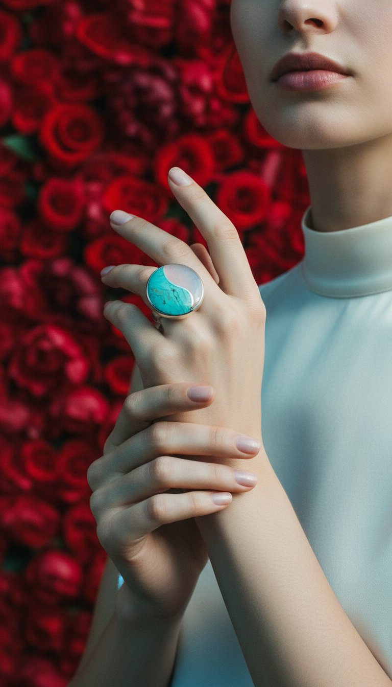 AI product shot of Starborn Turquoise & Guava Quartz Yin and Yang Round Ring in Sterling Silver