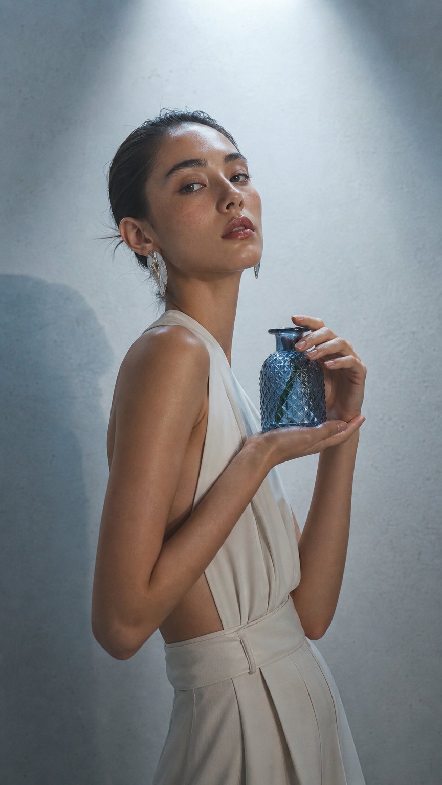 AI product shot of Blue Glass, Patterned Flower Vase Or Diffuser Bottle, 9.2cm