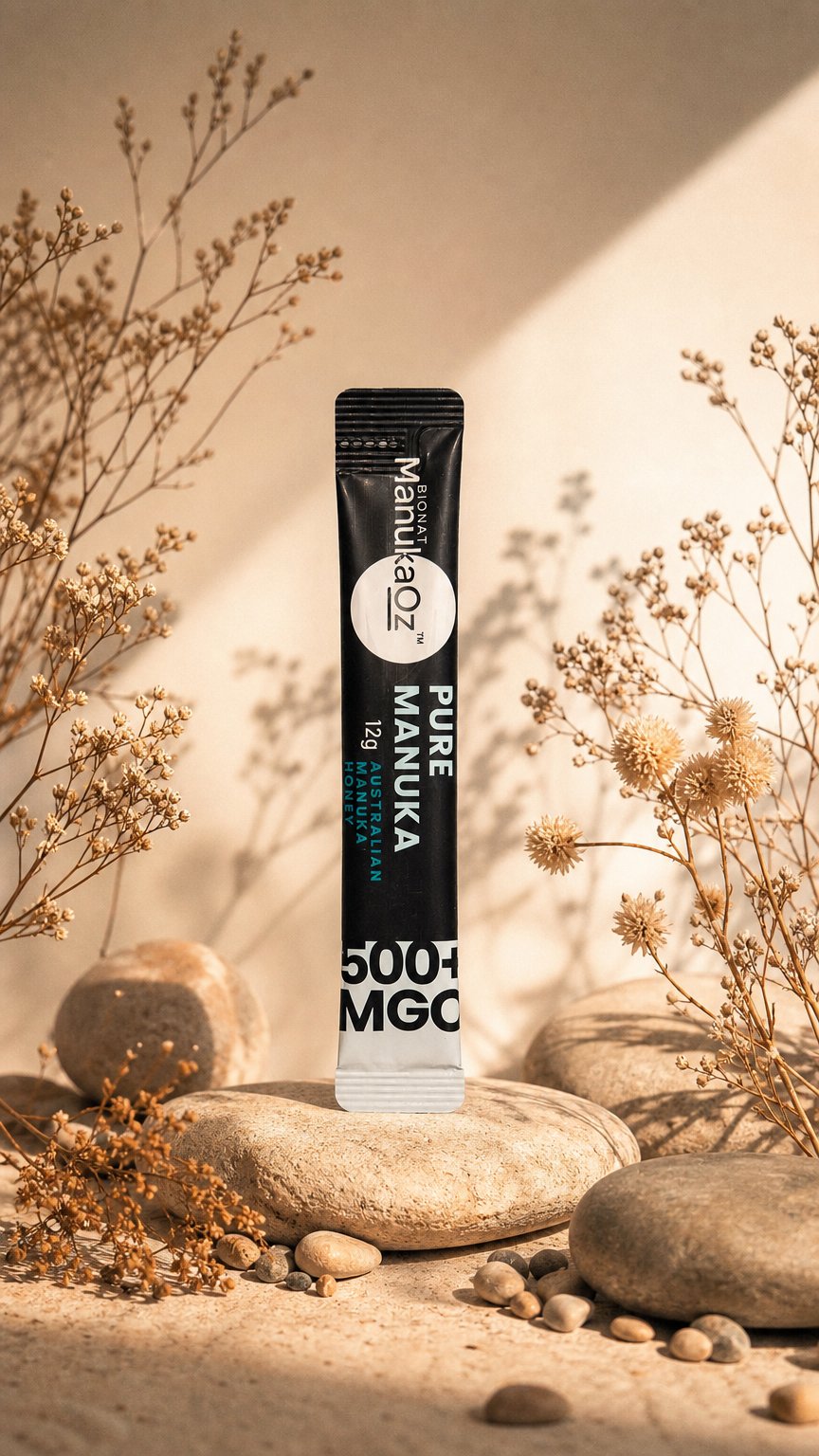 AI product shot of Pure Range MGO 500 Australian Manuka Honey / 30 x 12g Sachets (0.5oz)