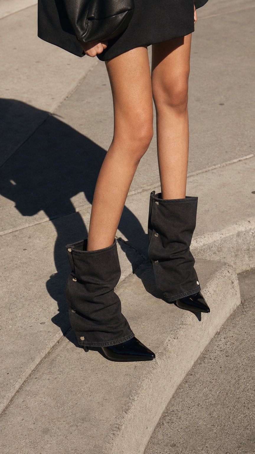 AI product shot of SHINY BLACK DENIM HEELS