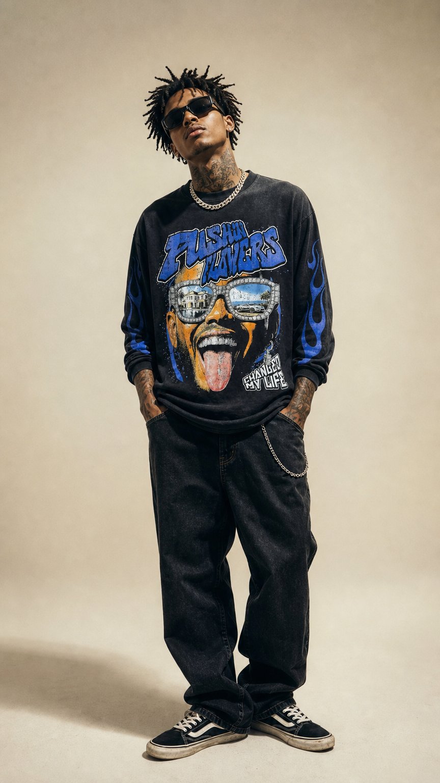 AI product shot of Pushin Flowers "The Life" Graphic Long Sleeve Shirt – PF Streetwear