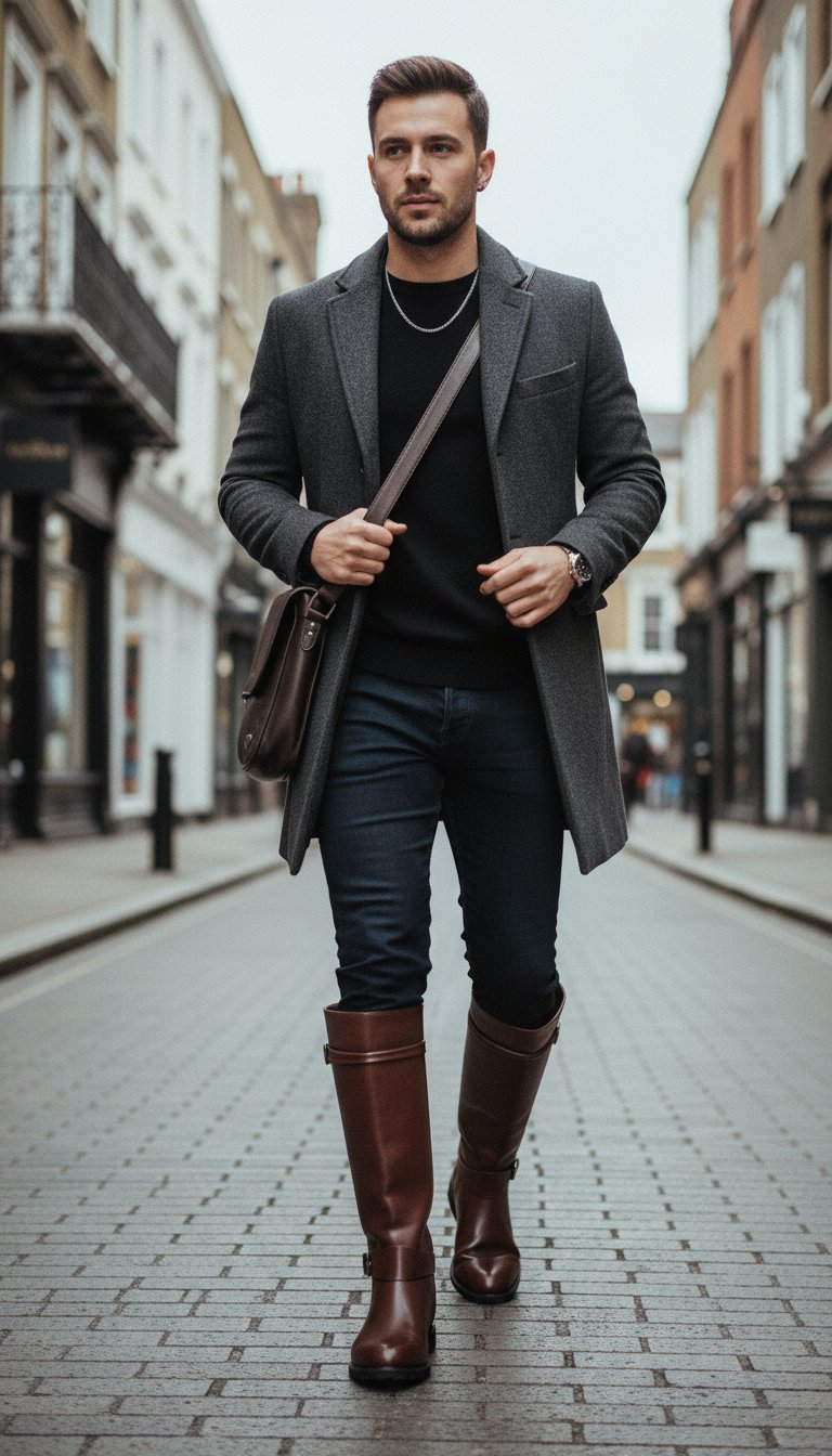 AI product shot of ANUFER Men's Under Knee Boots Microfibre Leather Zip Cowboy Riding Boots