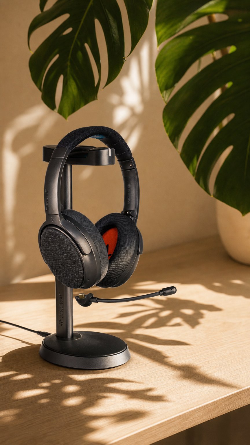 AI product shot of Fokus+ ANC Headphones with Wireless Charging Stand