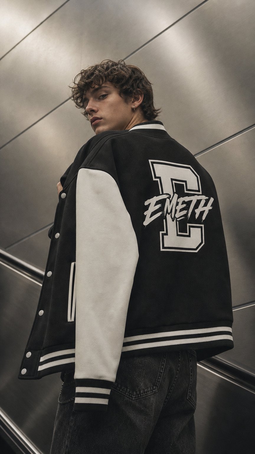 AI product shot of EMETH Varsity Jacket – Premium College Jacket