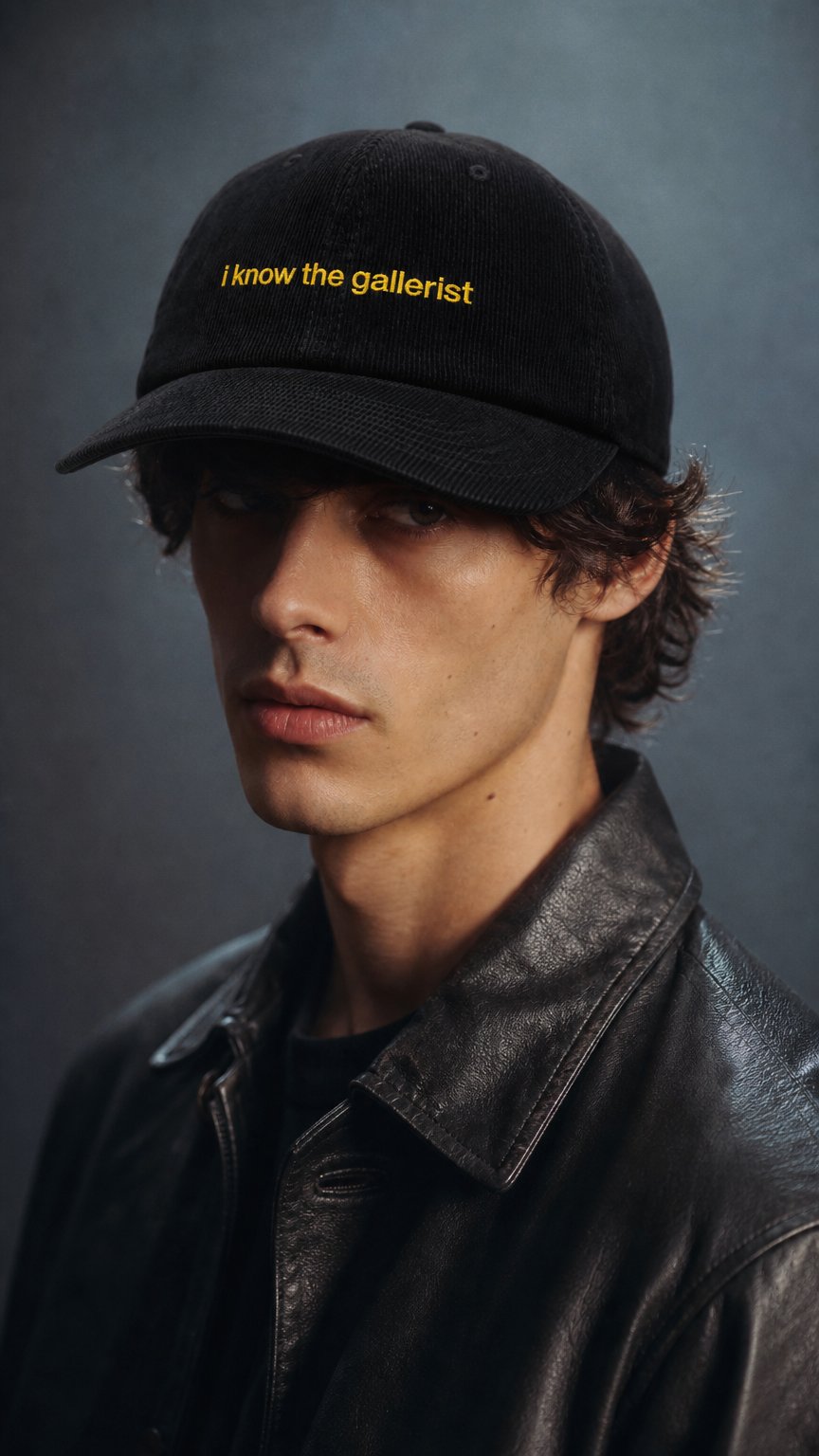 AI product shot of "i know the gallerist" corduroy hat