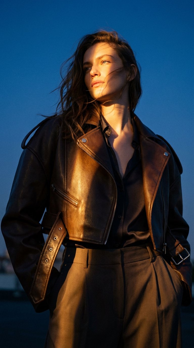 AI product shot of Cropped Leather Biker Jacket