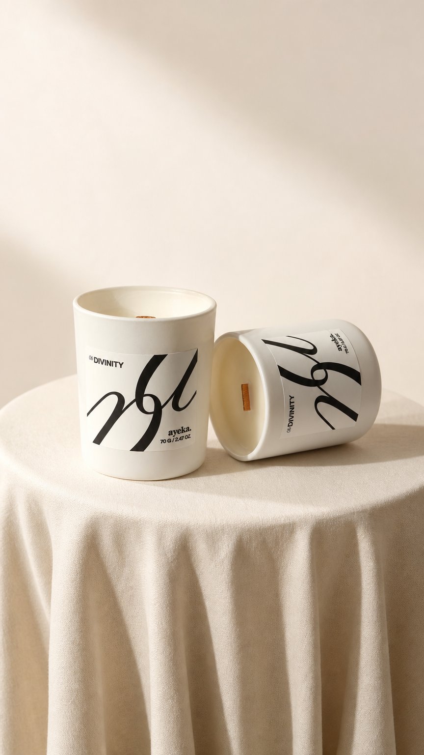 AI product shot of Divinity — English Pear, Amber & Freesia Scented Candle