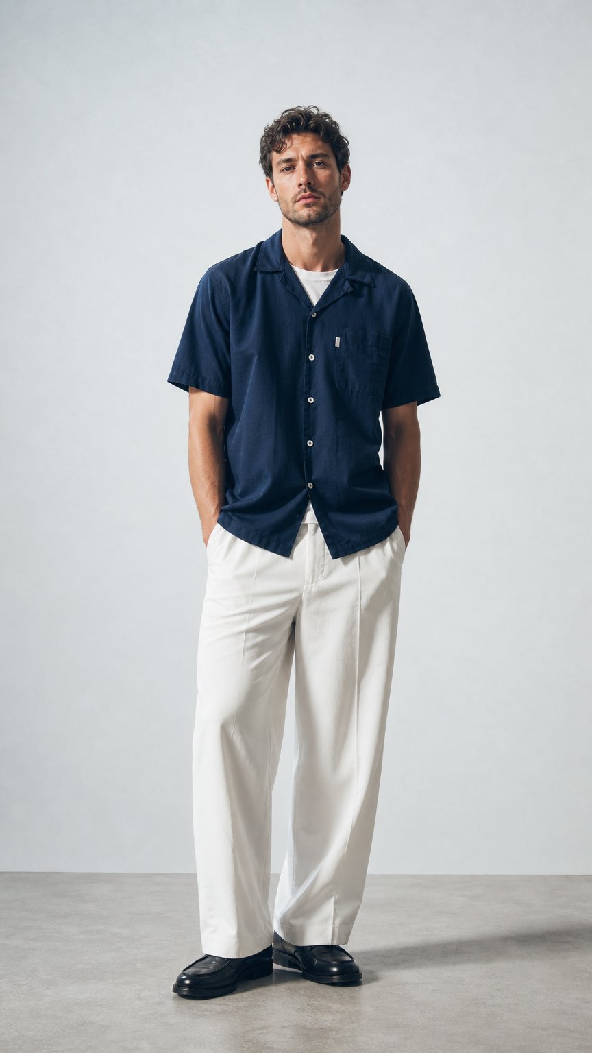 AI product shot of Bhode Cuca Short Sleeve Shirt (Linen) - Midnight Navy Blue
