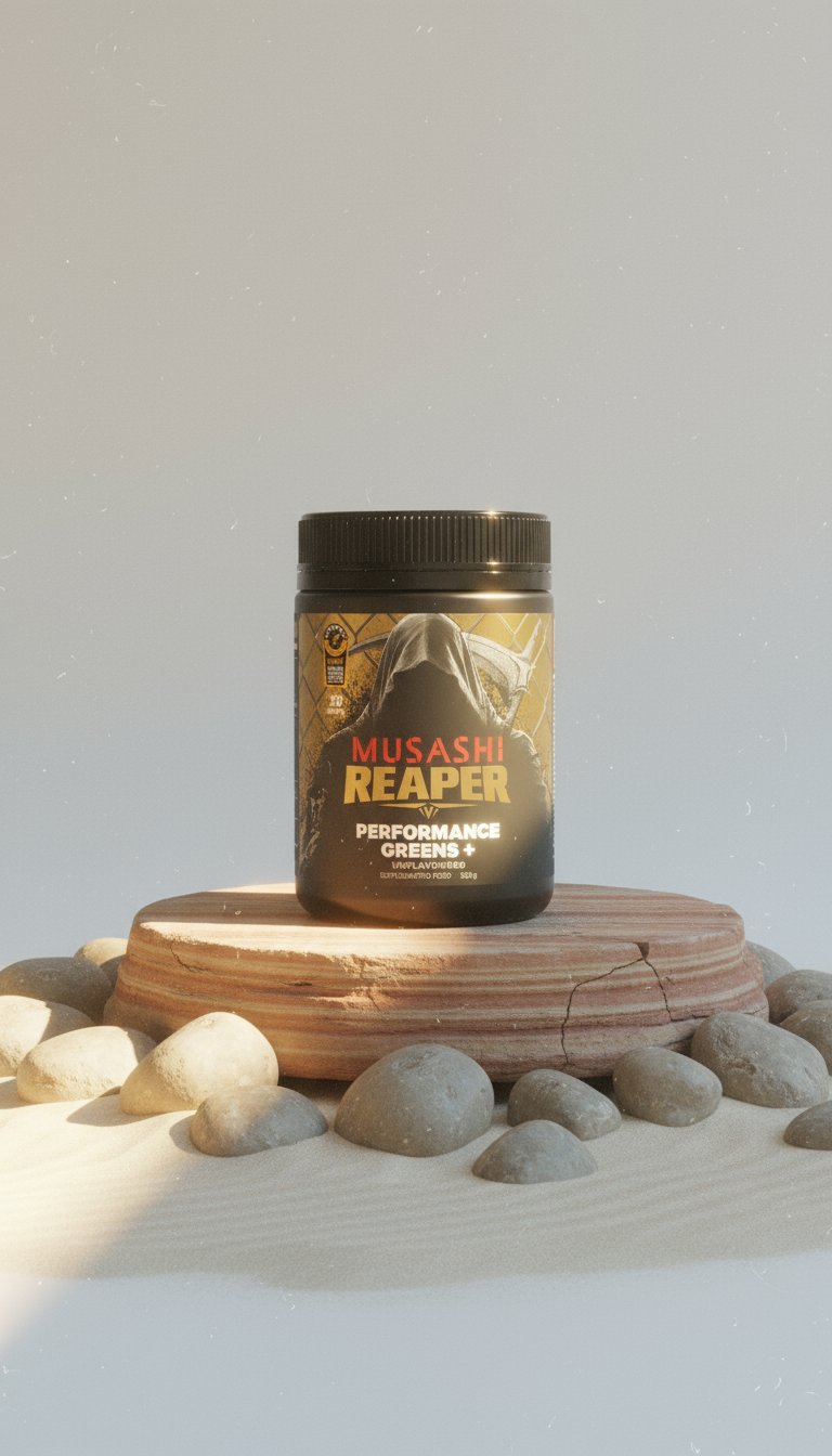 AI product shot of REAPER PERFORMANCE GREENS+ UNFLAVOURED OR FLAVOURED 300g