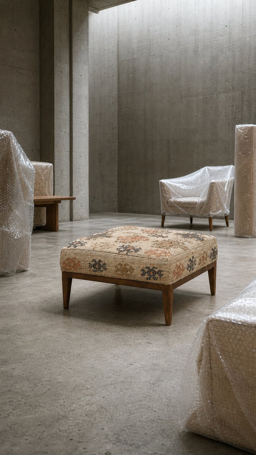 AI product shot of Kilim Upholstered Ottoman with Moroccan-Inspired Motifs in Neutral Tones