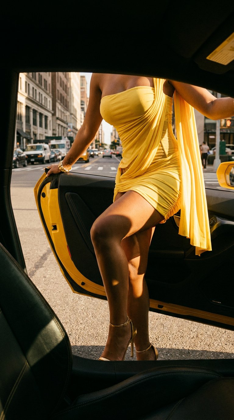 AI product shot of Scarlett Yellow Mesh Asymmetrical Ruched Mini Dress