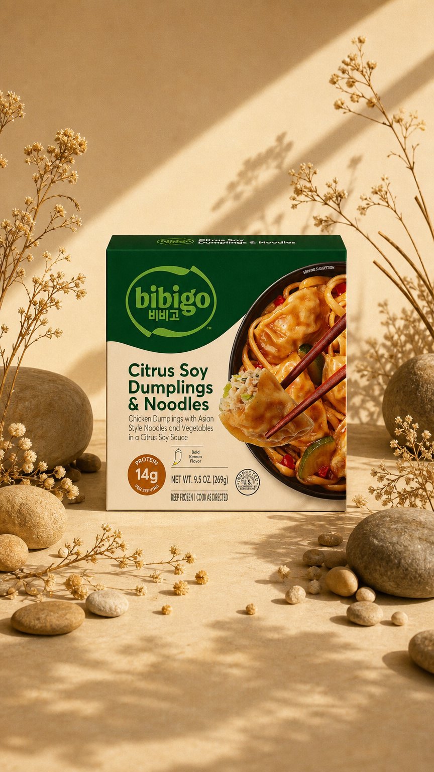 AI product shot of Citrus Soy Dumpling & Noodle Bowl