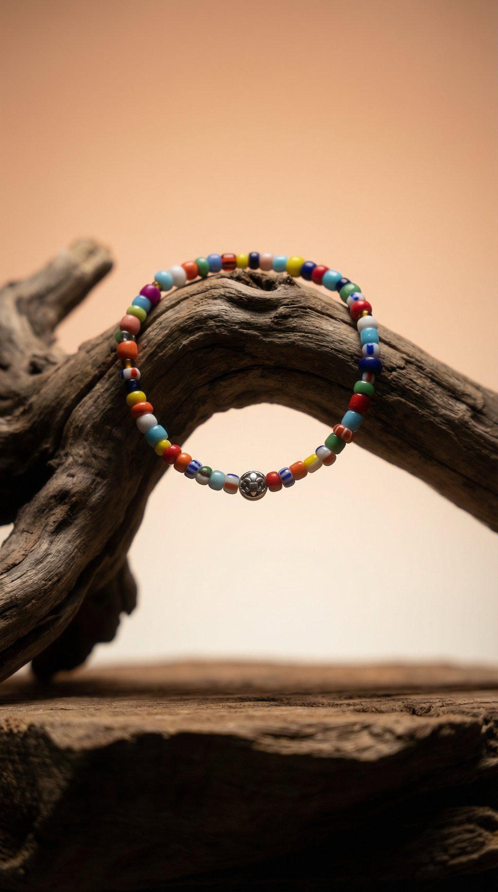 AI product shot of Nialaya Men’s Wristband with Assorted Vintage Trifocal Beads and Silver