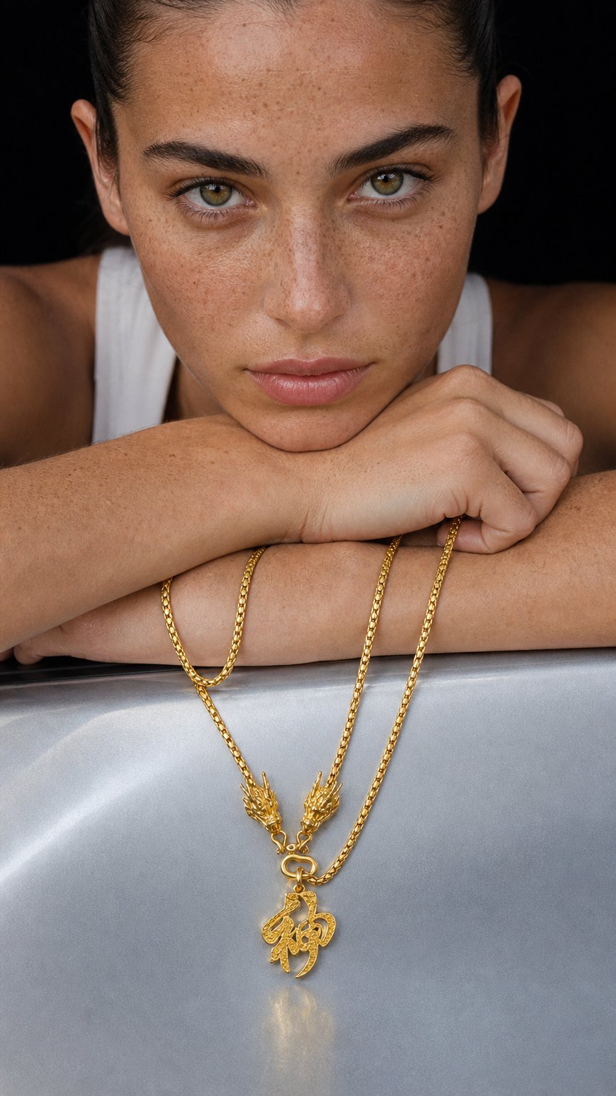 AI product shot of 24K Yellow Gold 4.2MM Dragon Scale Chain w/ Dragon Heads