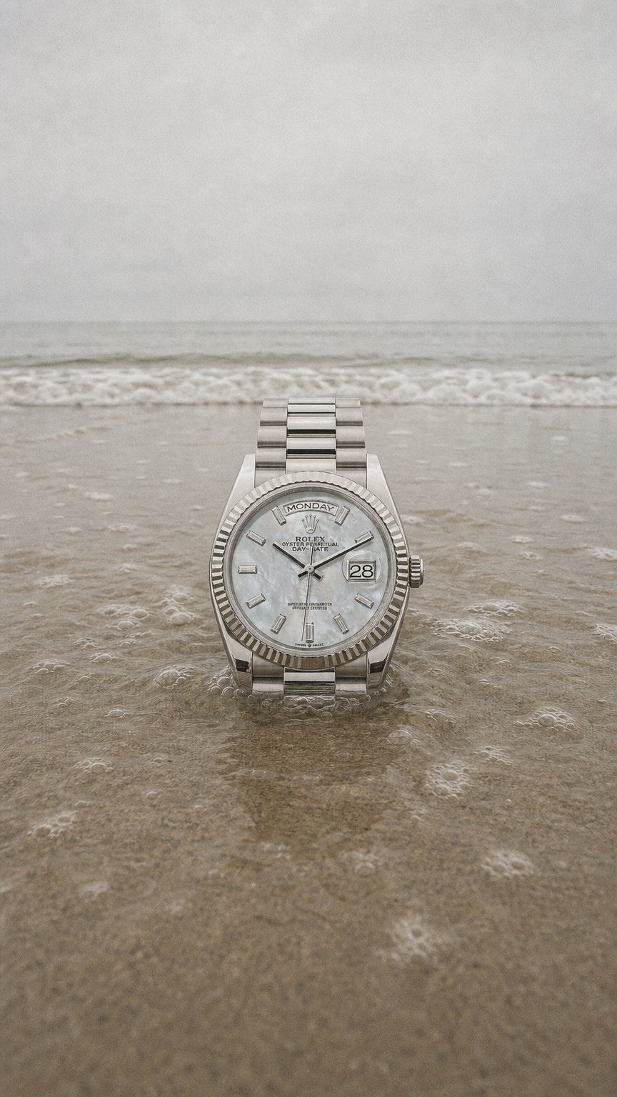 AI product shot of Rolex 128239-0065 - Day-Date 36 White Gold - Fluted / MOP - Baguette / President