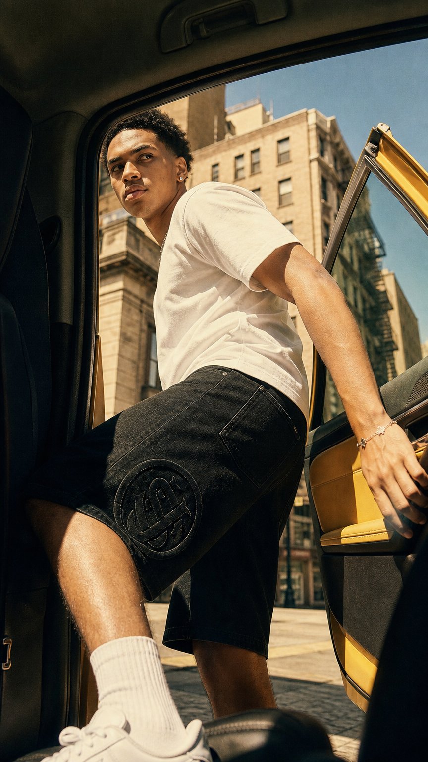 AI product shot of SU26 DENIM SHORTS - BLACK