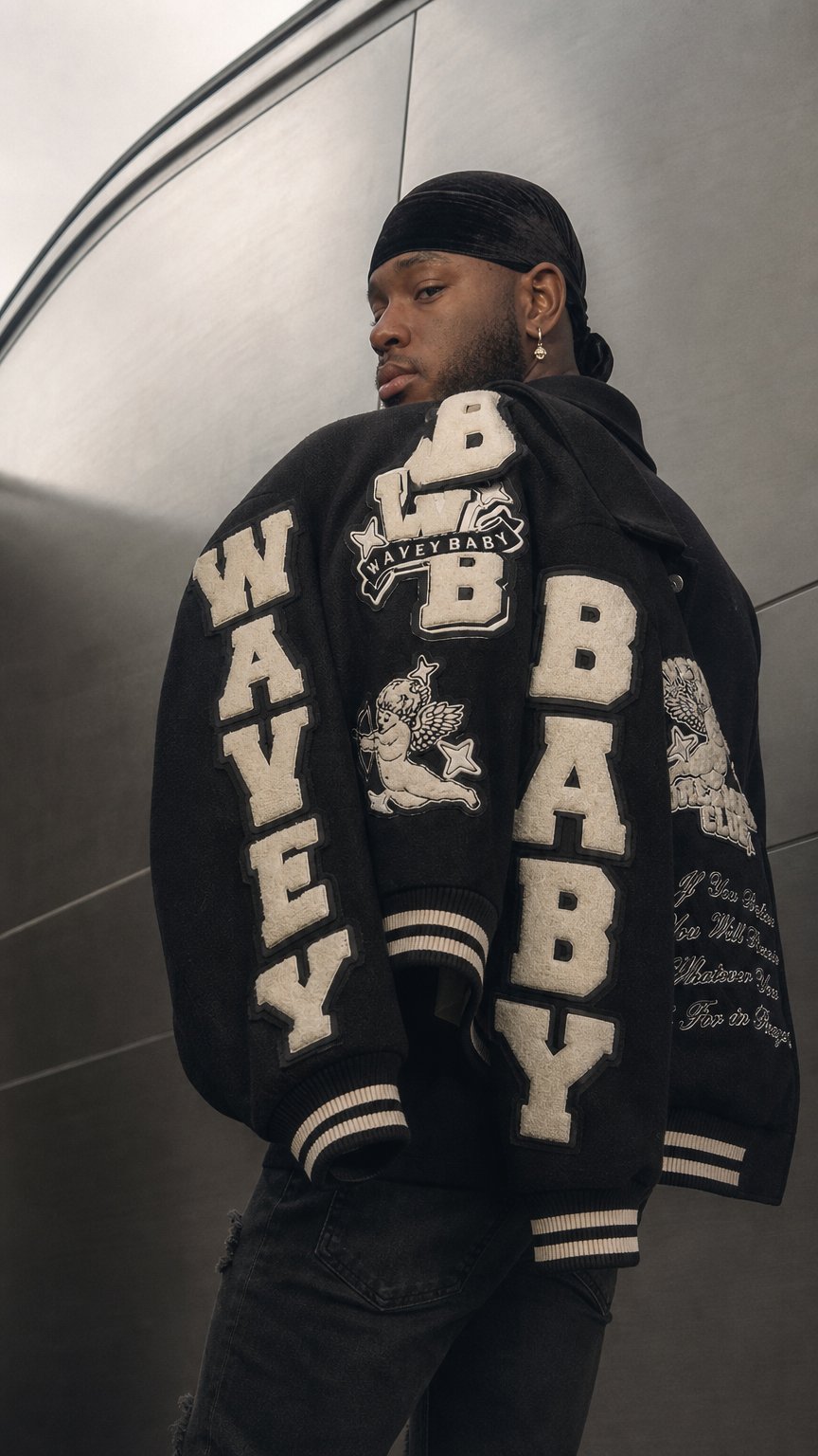 AI product shot of Charlie Varsity Jacket