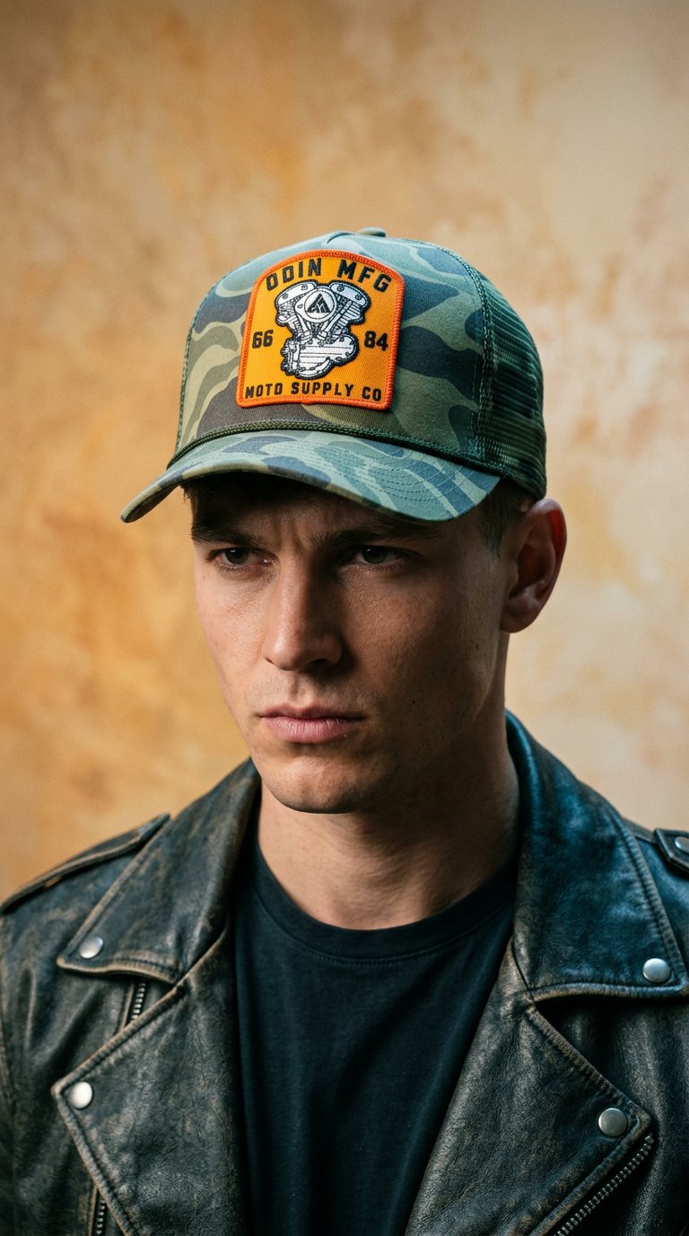 AI product shot of Moto Supply Meshback Hat - Duck Camo