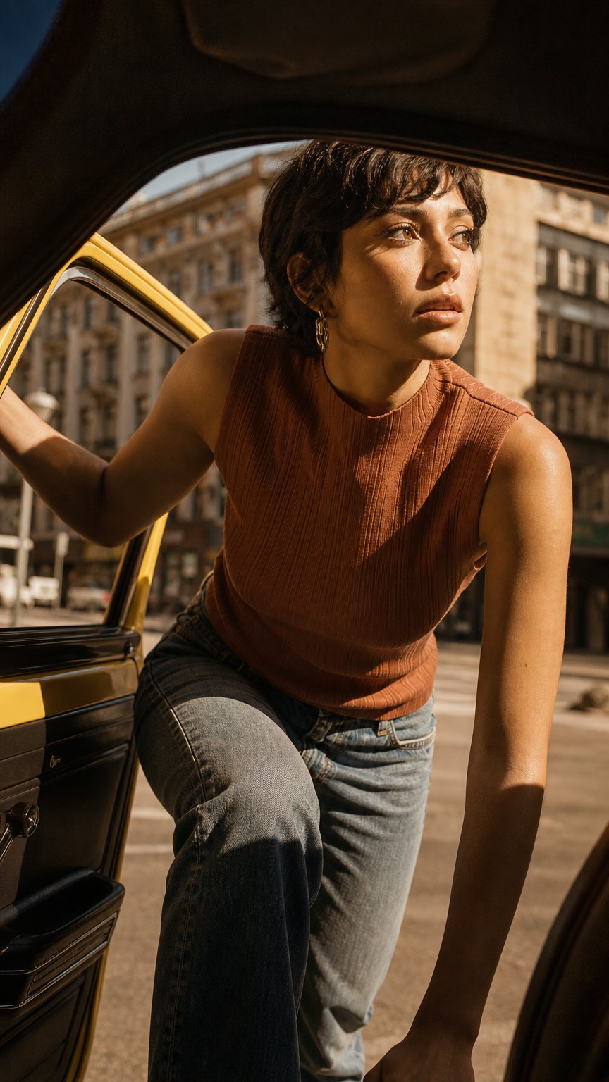 AI product shot of Brown Ribbed Mock Neck Tank