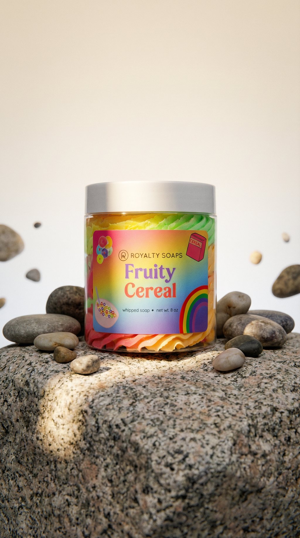 AI product shot of Fruity Cereal 8oz Whipped Soap