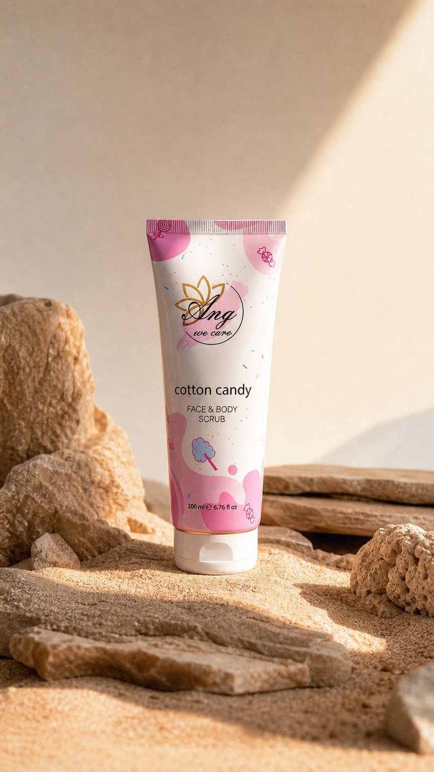 AI product shot of ANG Face & Body Scrub — Cotton Candy