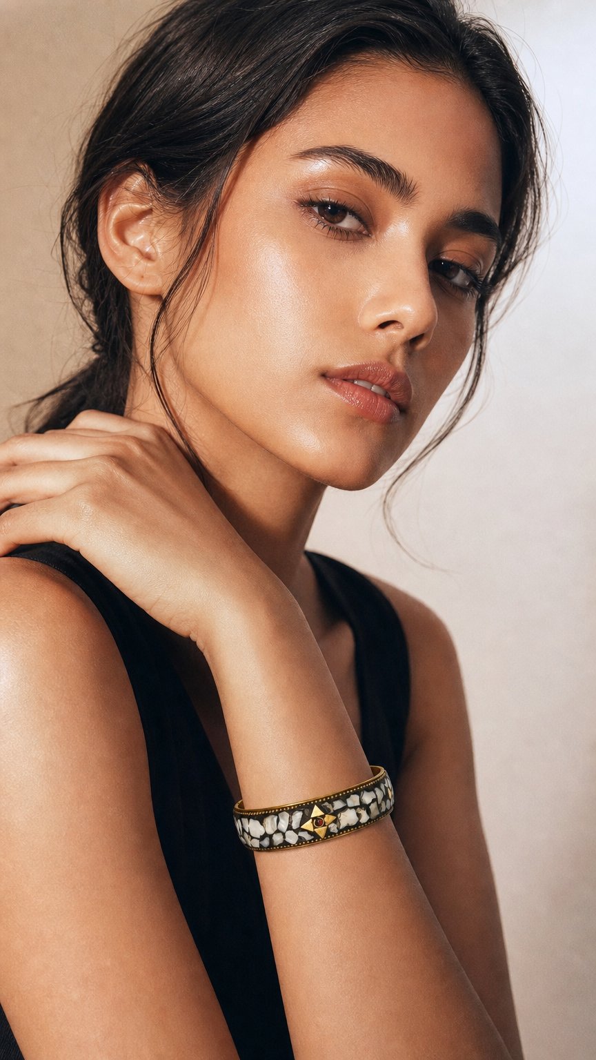 AI product shot of Tibetan style bangle | Brass and Stone | White stone