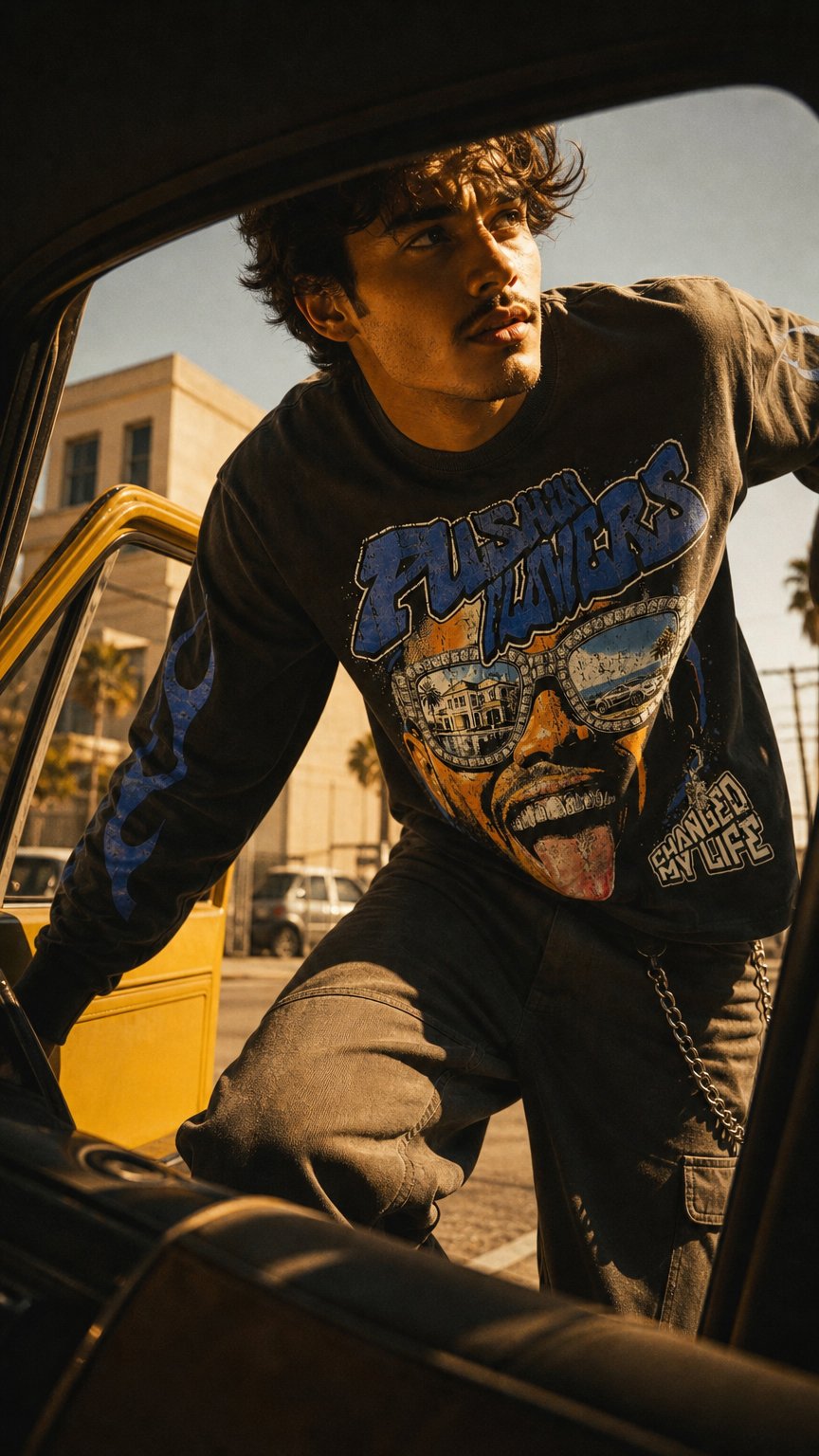 AI product shot of Pushin Flowers "The Life" Graphic Long Sleeve Shirt – PF Streetwear
