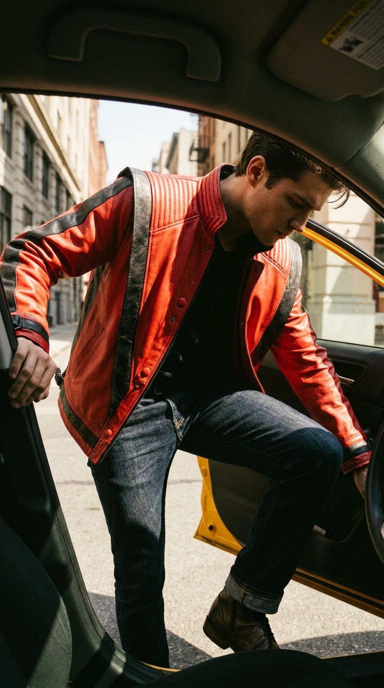 AI product shot of Michael Jackson Men Red Leather Jacket