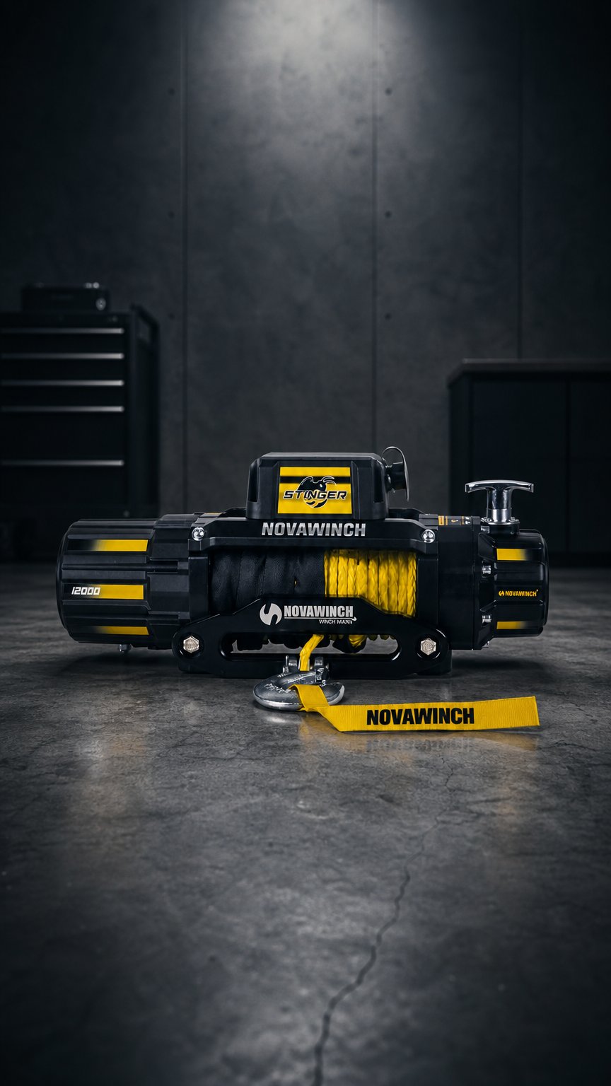 AI product shot of 12V 12,000lb Electric Winch with Synthetic Rope & Wireless Remote – Stinger