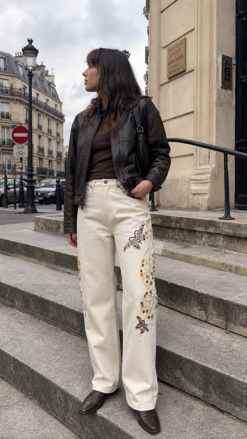 AI product shot of embroidered barrel jeans