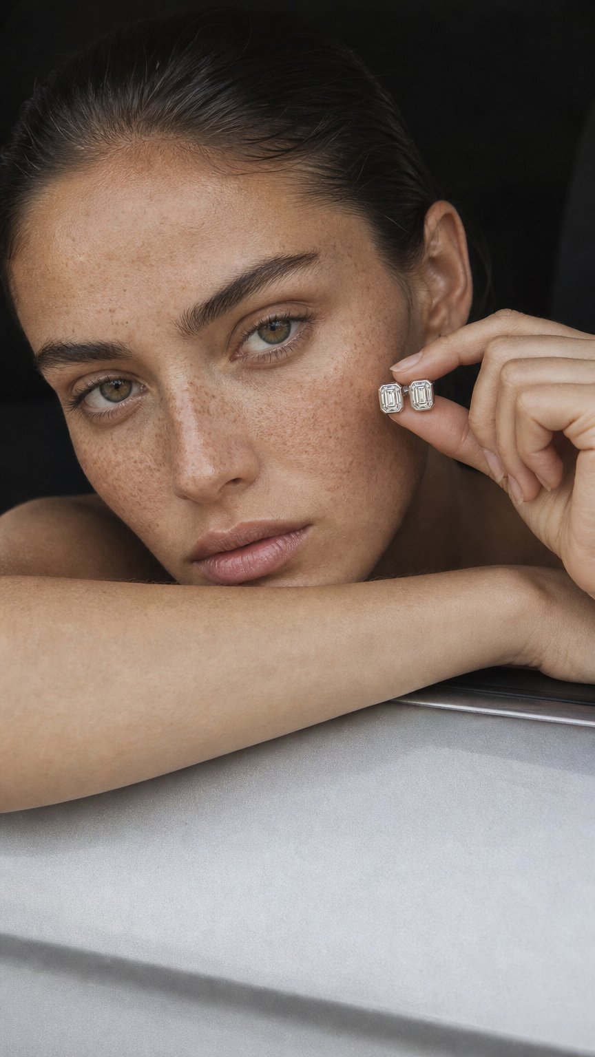 AI product shot of 2ct Emerald Bezel Stud Earrings