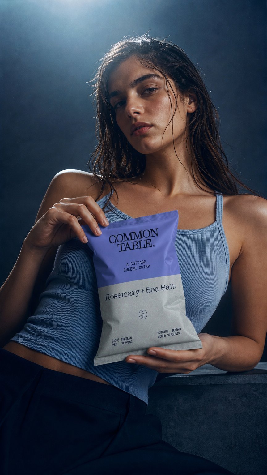 AI product shot of Rosemary & Sea Salt Cottage Cheese Crisp