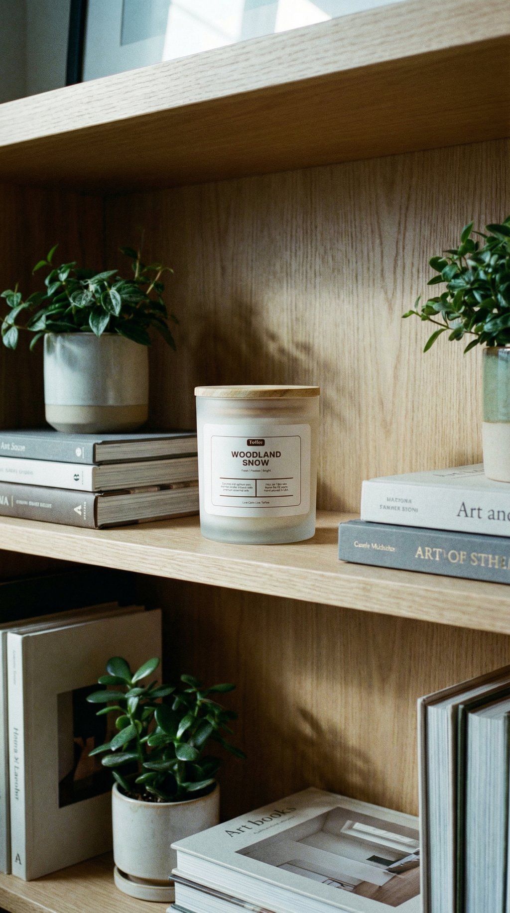 AI product shot of Woodland Snow Candle Frosted Glass (Hand Poured)