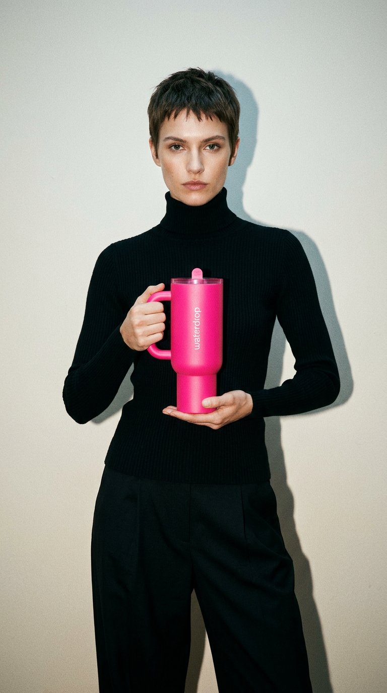 AI product shot of Neon Pink Explorer Thermo Tumbler