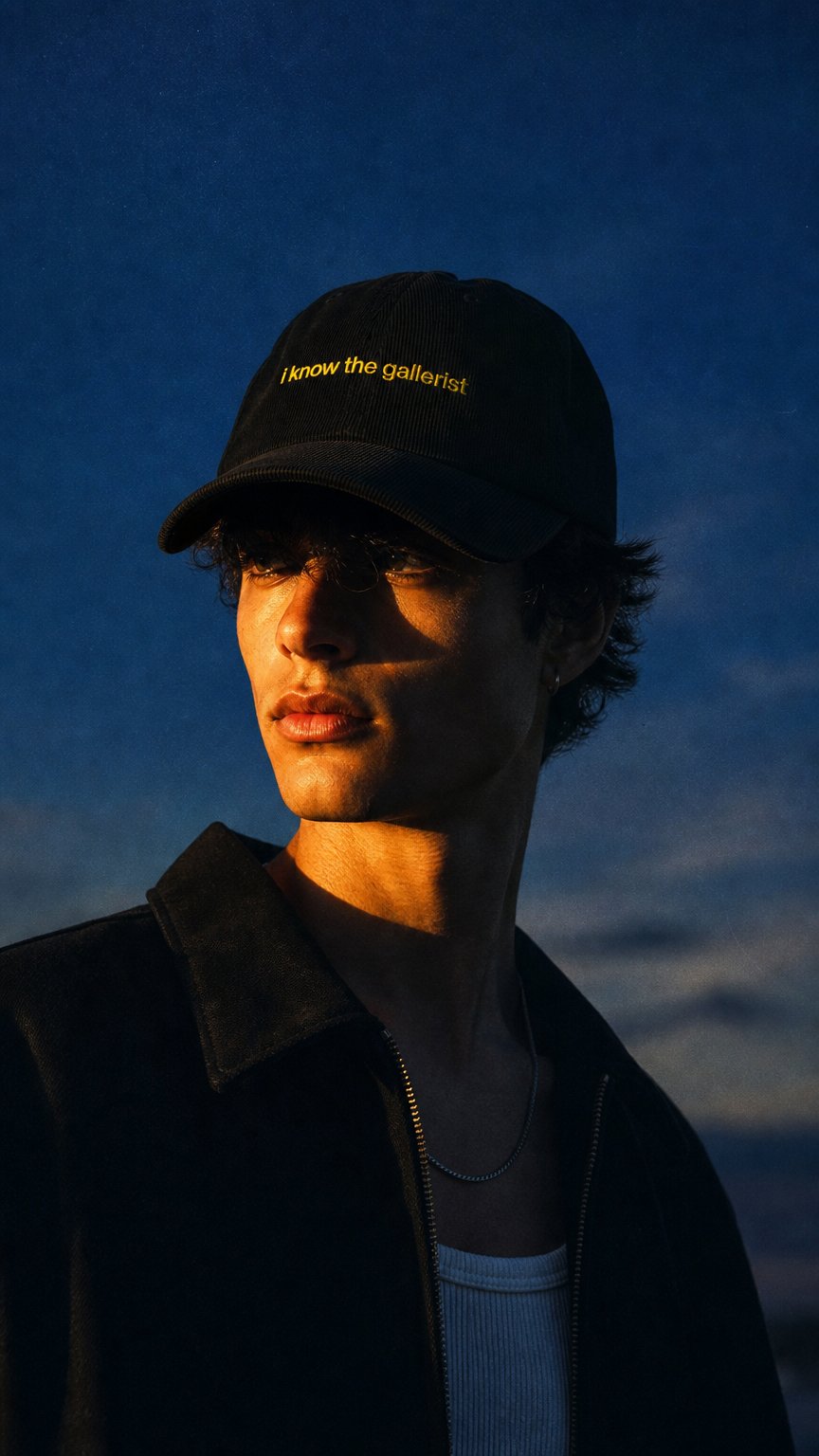 AI product shot of "i know the gallerist" corduroy hat