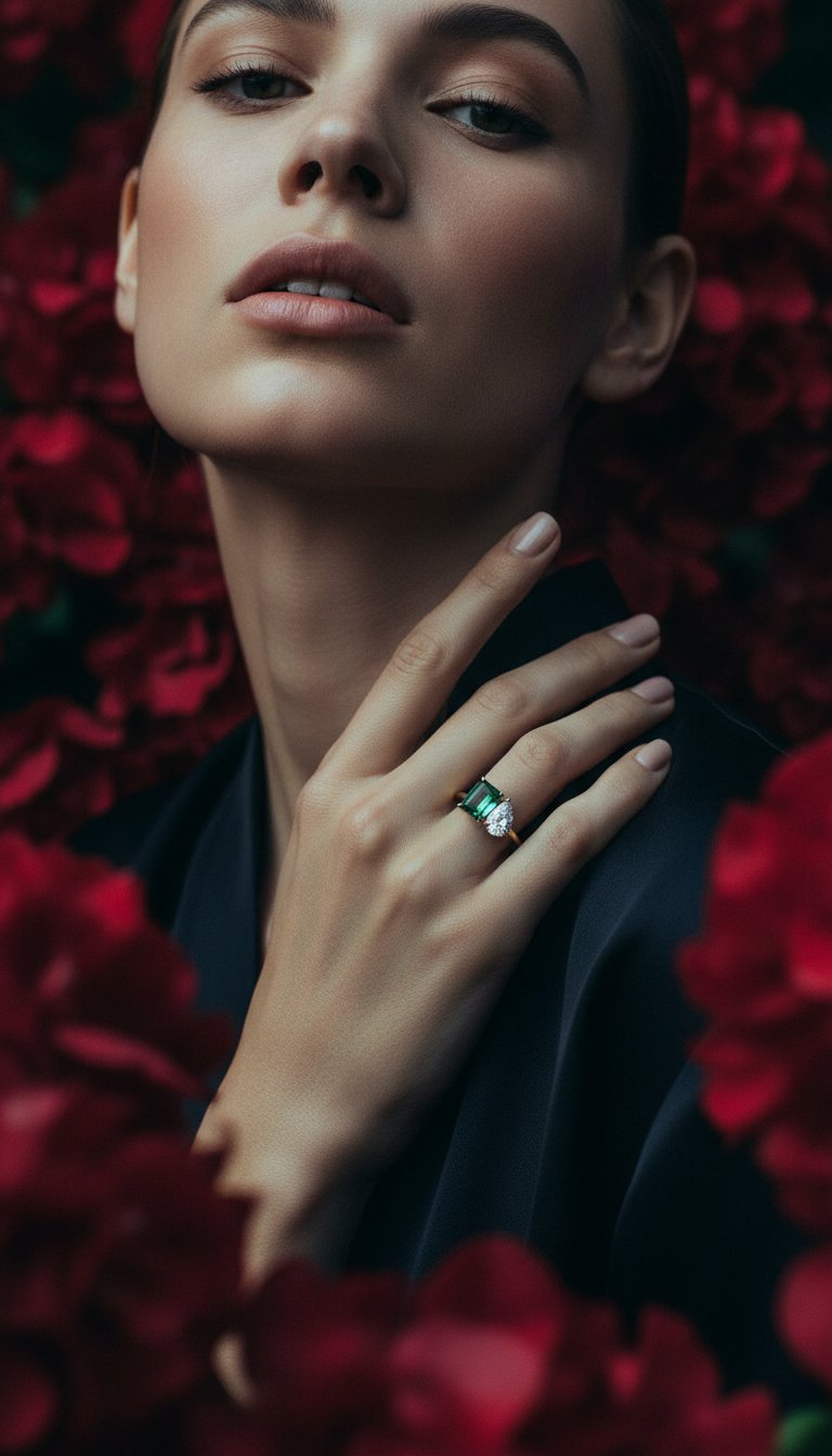AI product shot of Lab Grown Solar Diamond Toi Et Moi Emerald Emerald 18K Yellow Gold Ring