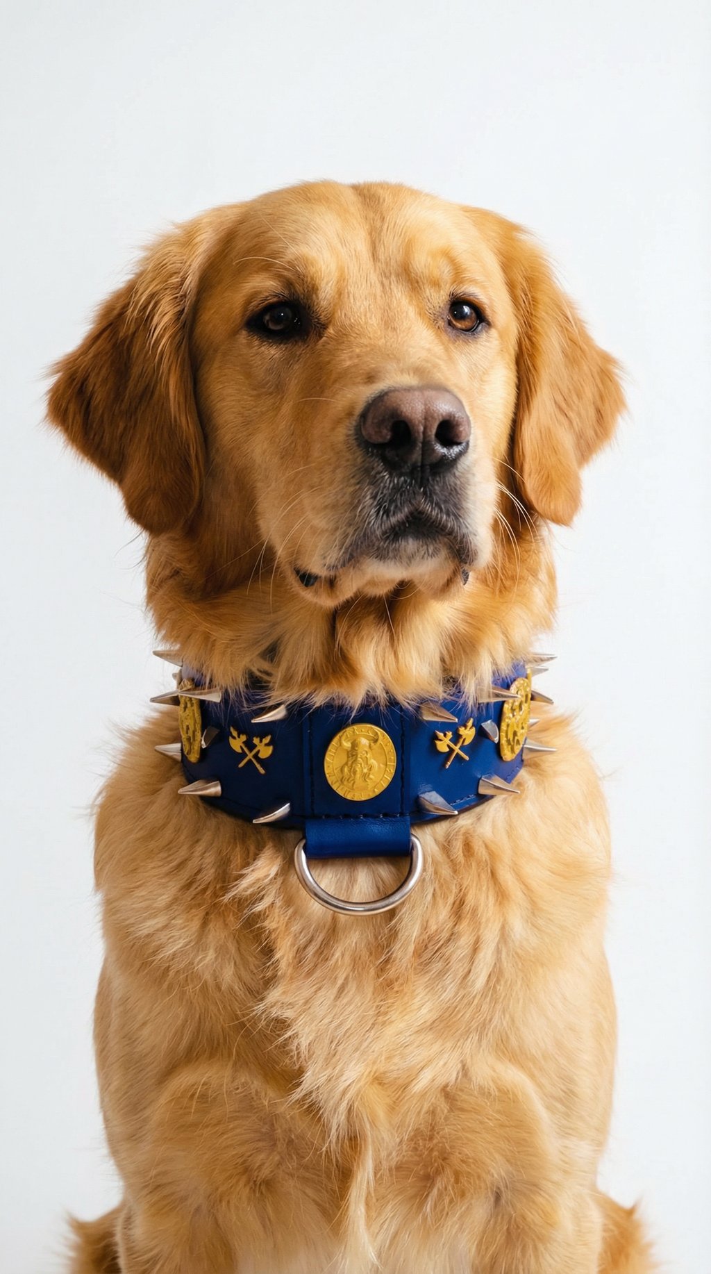 AI product shot of Navy Blue Leather Dog Collar Viking Odin with gold metallic hardware