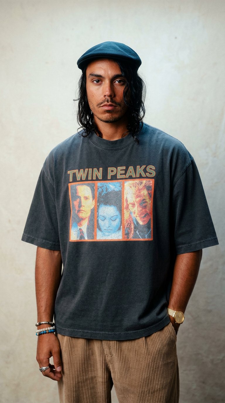 AI product shot of 90s TWIN PEAKS FIRE... WALK WITH ME WASHED BLACK T-SHIRT