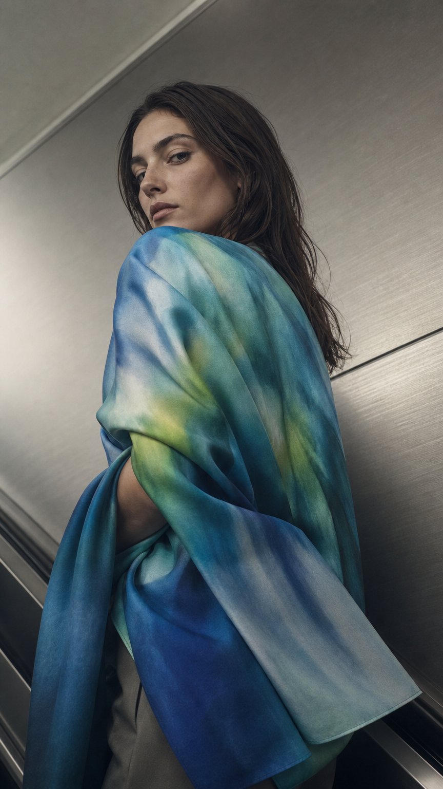AI product shot of SS2026 zijden twill watery colors panel