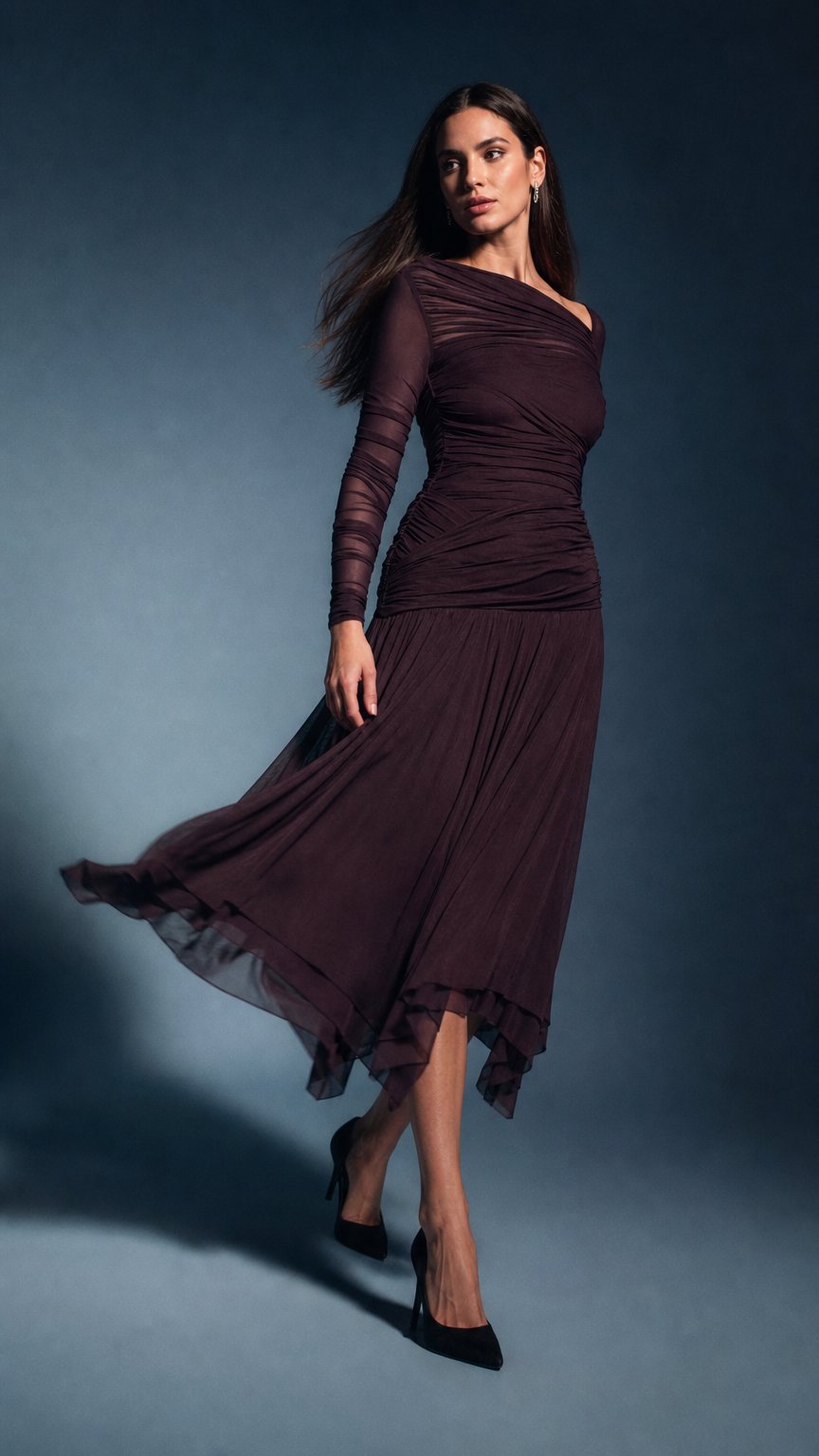 AI product shot of Purple Asymmetric Ruched Tulle Maxi Dress