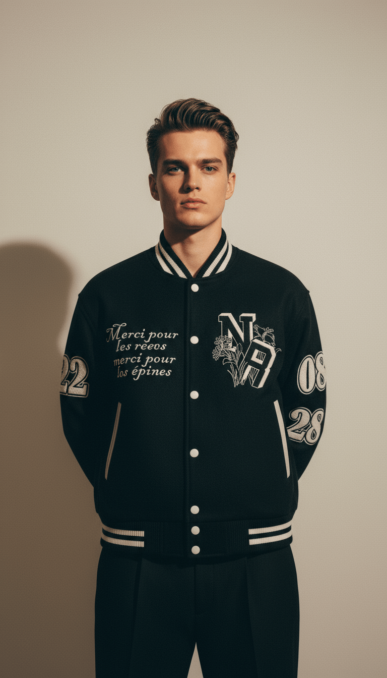 AI product shot of The Founders Varsity Jacket