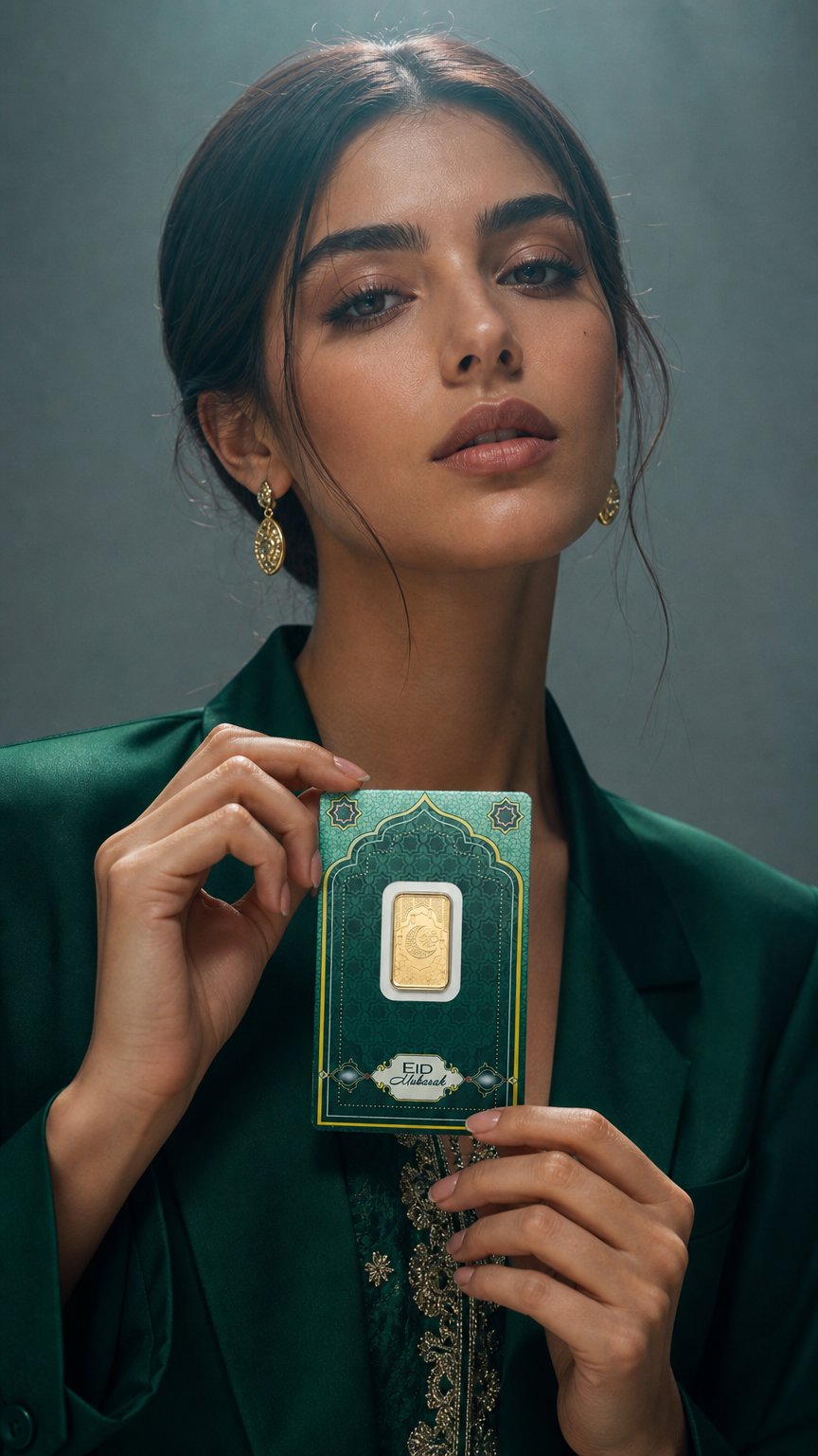AI product shot of Pamp Suisse Eid Mubarak 5 Gram Gold Bar in Assay