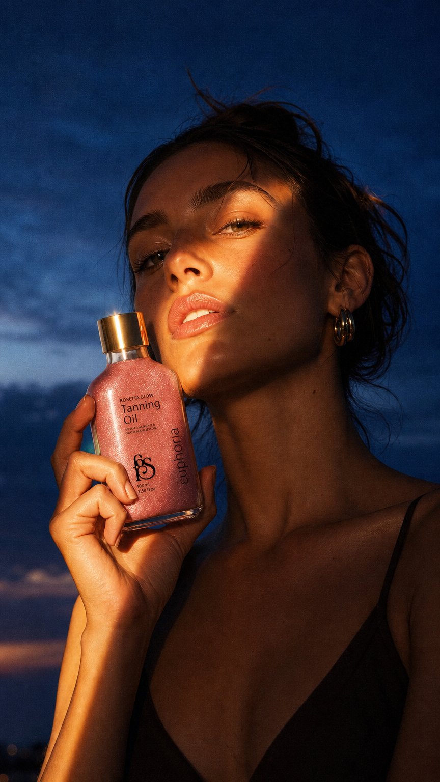 AI product shot of Rosetta Glow Tanning Oil